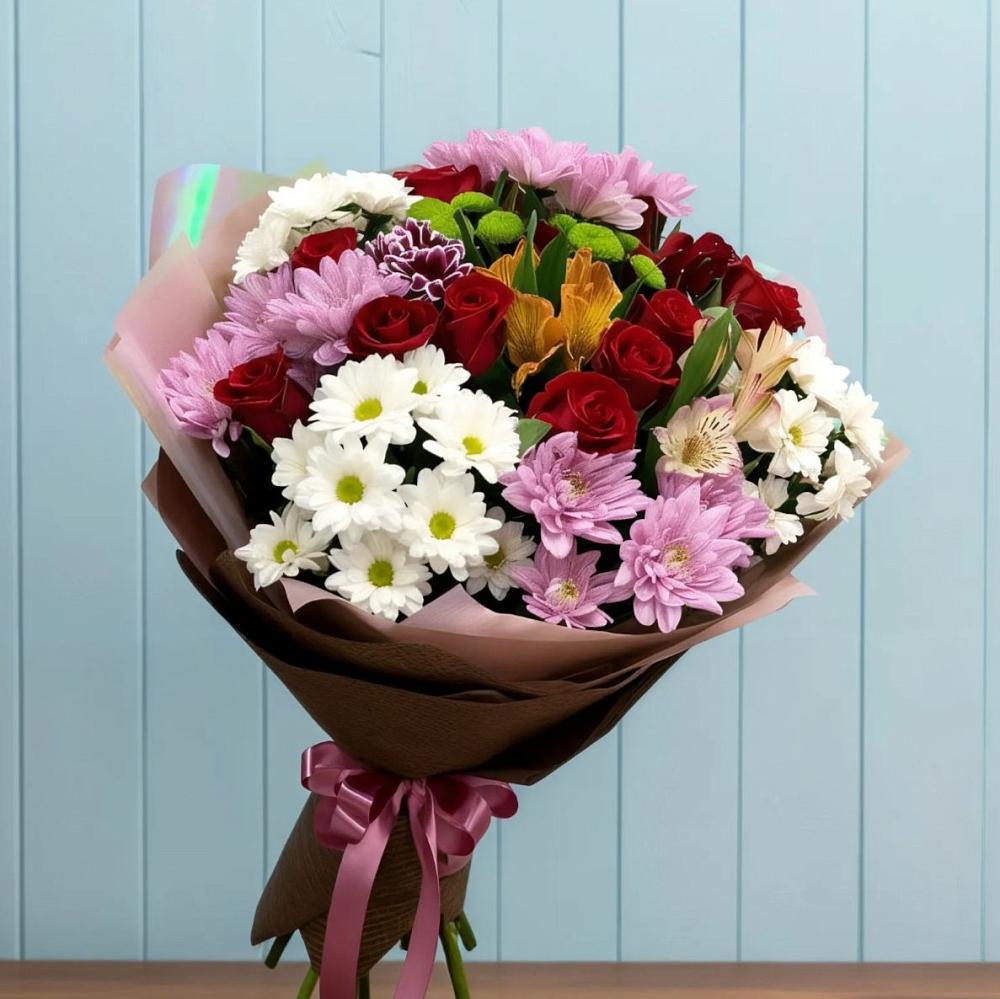 Букет цветов из: Розы, Хризантемы и Альстромерии в Воскресенское Тульская область