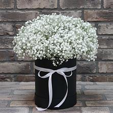 Цветочная композиция из Гипсофила в шляпной коробке в Воскресенское Тульская область